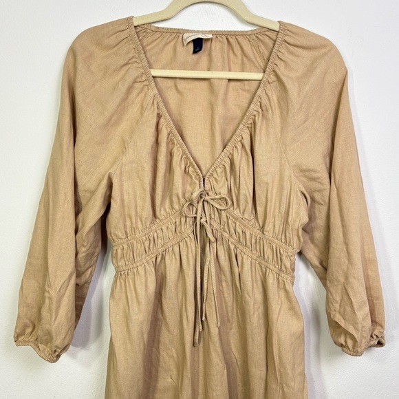 Target Universal Thread Linen Prairie Milkmaid Peasant Midi V Neck Dress Wheat S - Picture 11 of 15